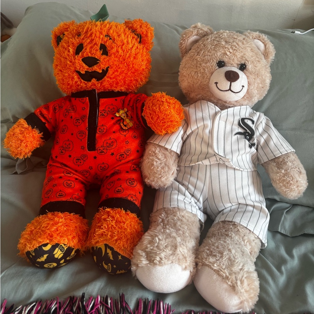 Build-A-Bear Halloween Orange Pumpkin Teddy and Tan Baseball Bear